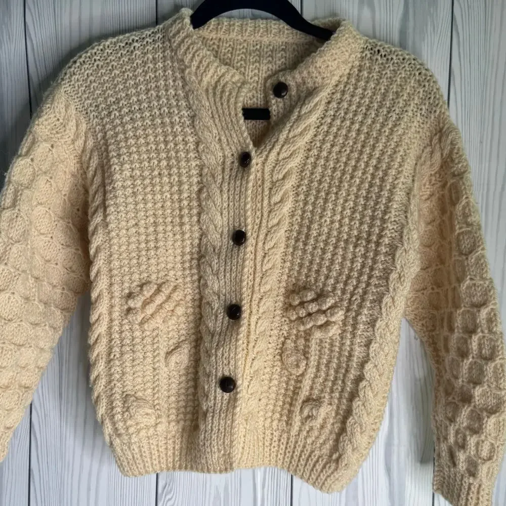 Irish Hand Knit Fitzpatrick Sweater 100% Wool Cable Knit Kids 12-14 (Wms XS)